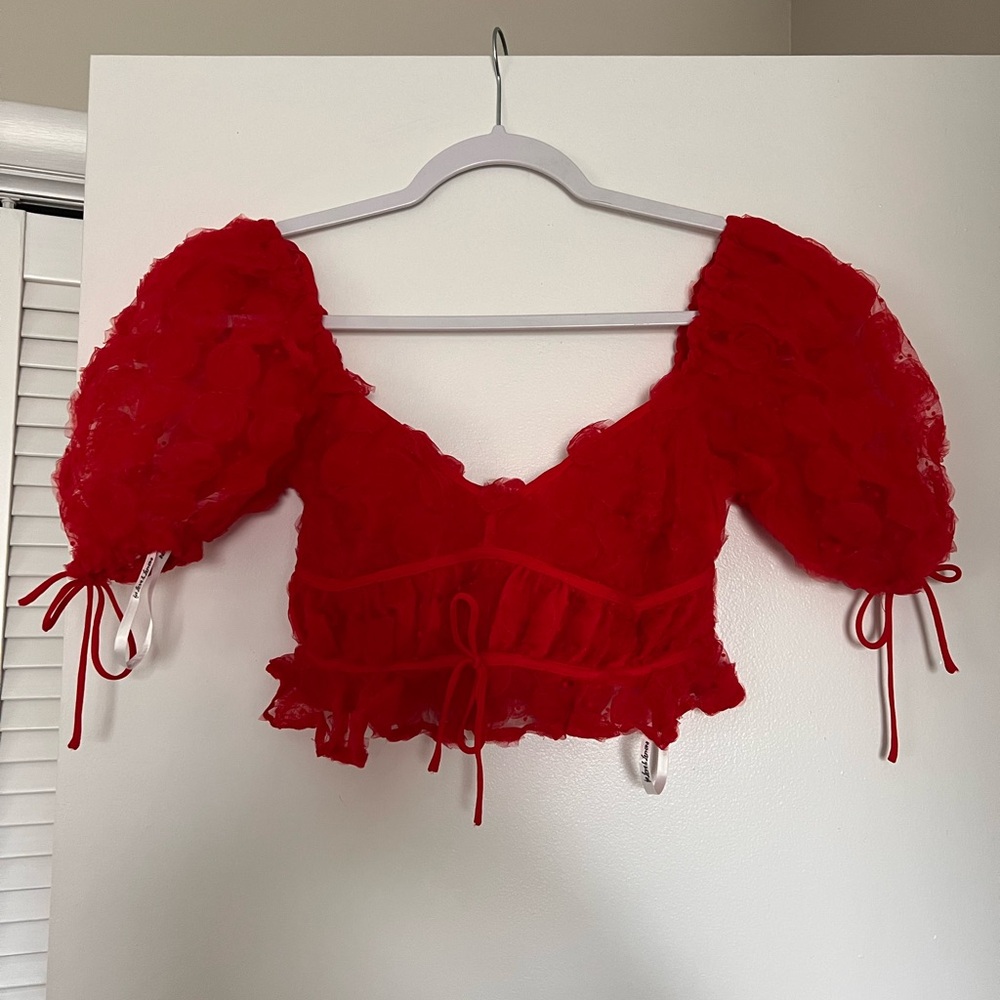 For Love & Lemons Red Puff-Sleeve Lace Crop Top